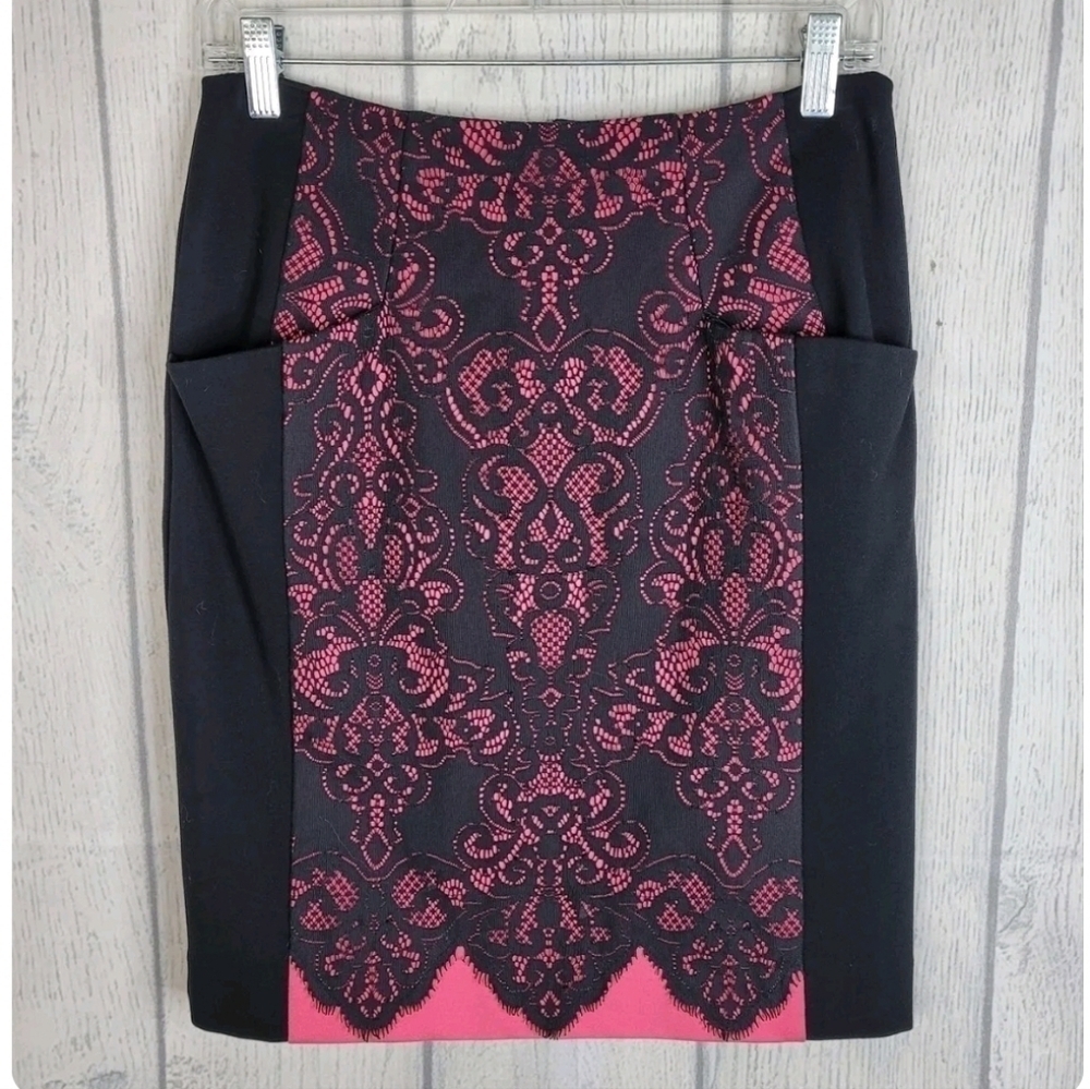 Nanette Lepore Hot Pink & Black Lace Pencil Skirt Size 2